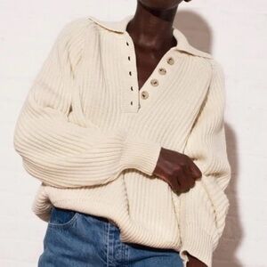Mara Hoffman Cream Ribbed Button-Detail Sweater